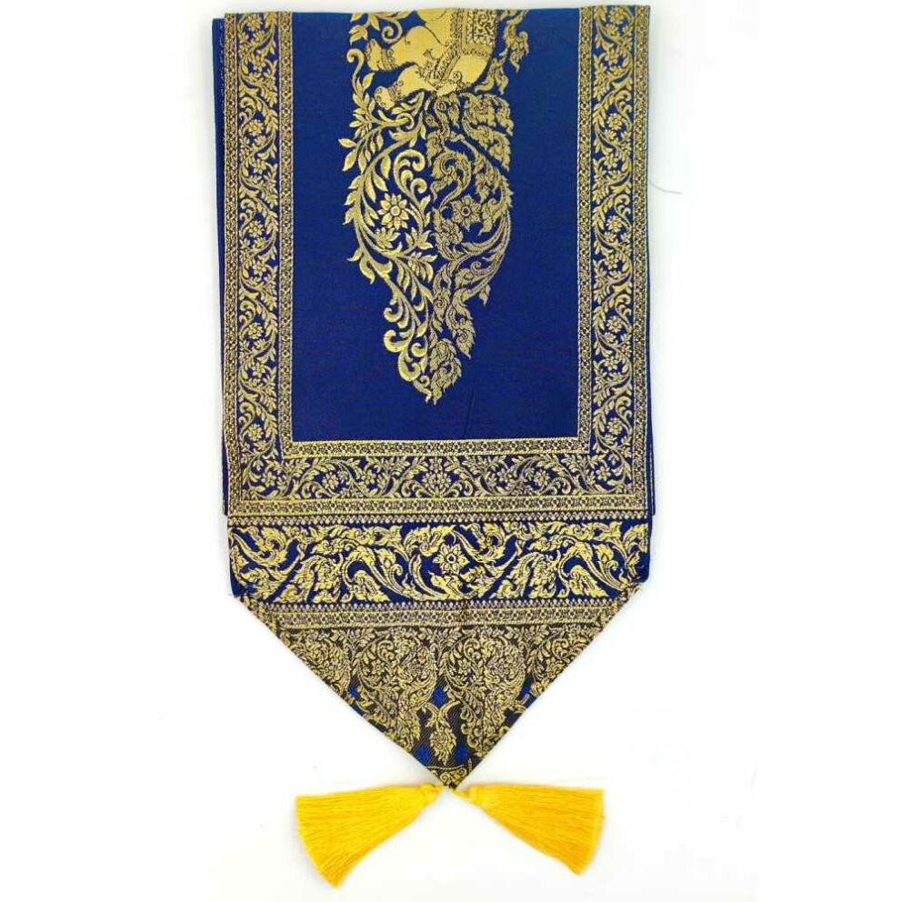 Fabric Runner with Tassels & Elephant Pattern 23x200cm Blue