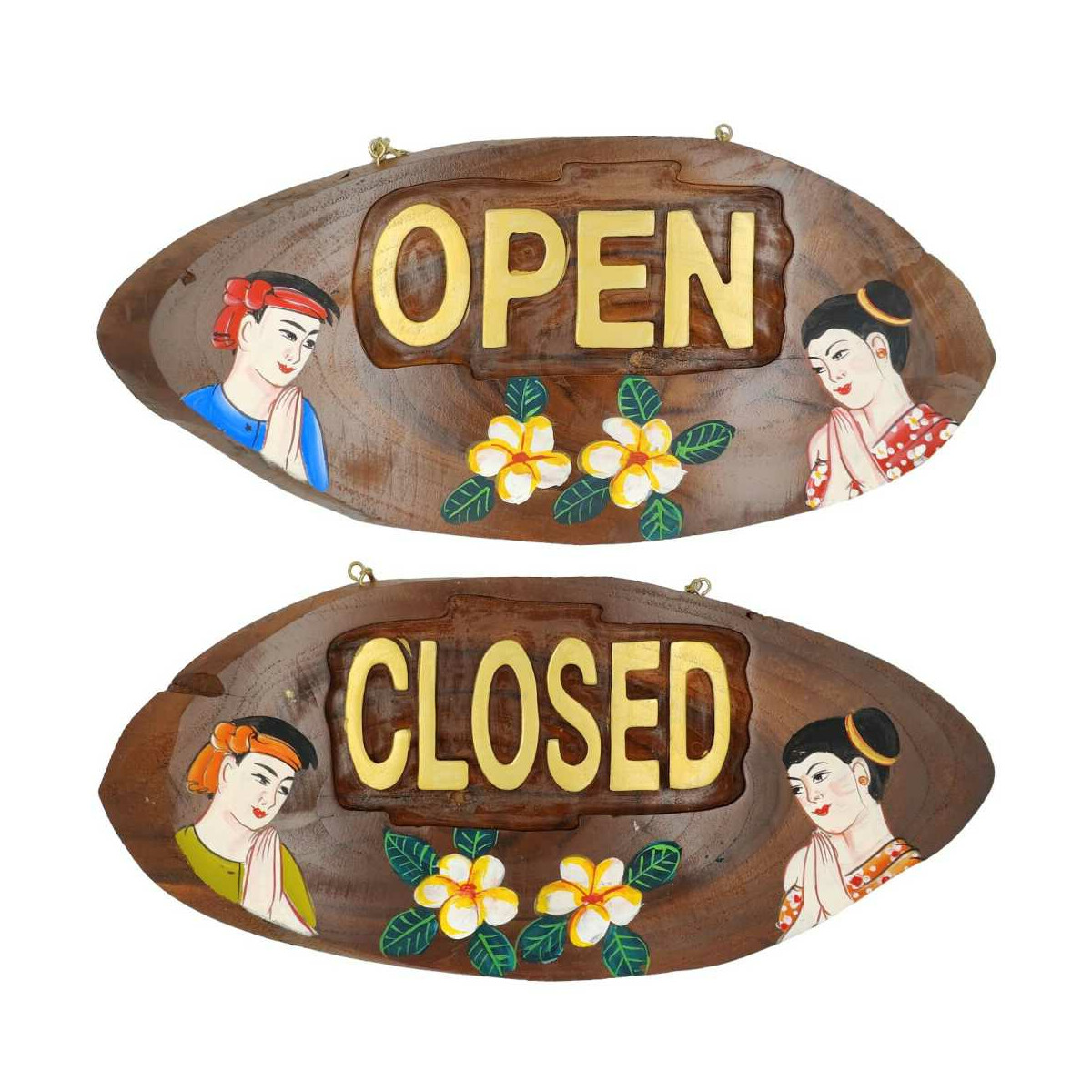 Türschild: OPEN-CLOSED aus Teak-Holz mit Thai Malerei