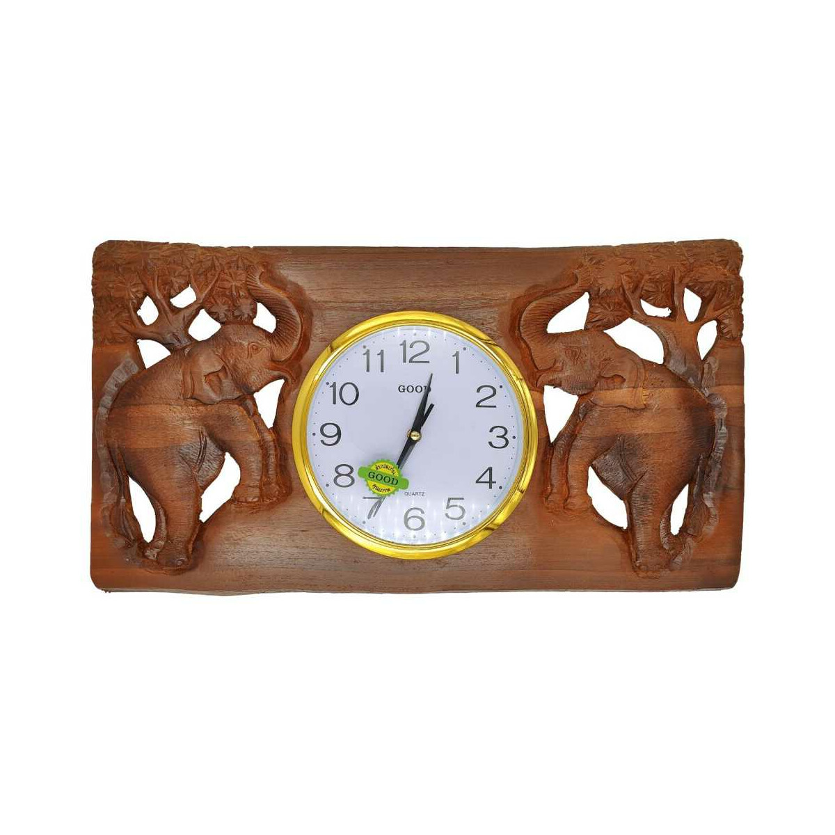 Wand-Uhr aus Teak-Holz mit Thai Schnitzerei Elefanten