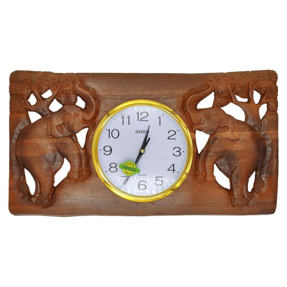 Wand-Uhr aus Teak-Holz mit Thai Schnitzerei Elefanten