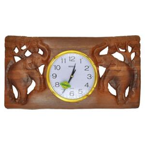 Wand-Uhr aus Teak-Holz mit Thai Schnitzerei Elefanten