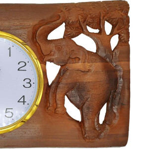 Wand-Uhr aus Teak-Holz mit Thai Schnitzerei Elefanten