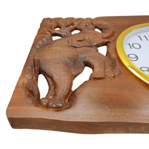 Wand-Uhr aus Teak-Holz mit Thai Schnitzerei Elefanten