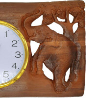 Wand-Uhr aus Teak-Holz mit Thai Schnitzerei Elefanten