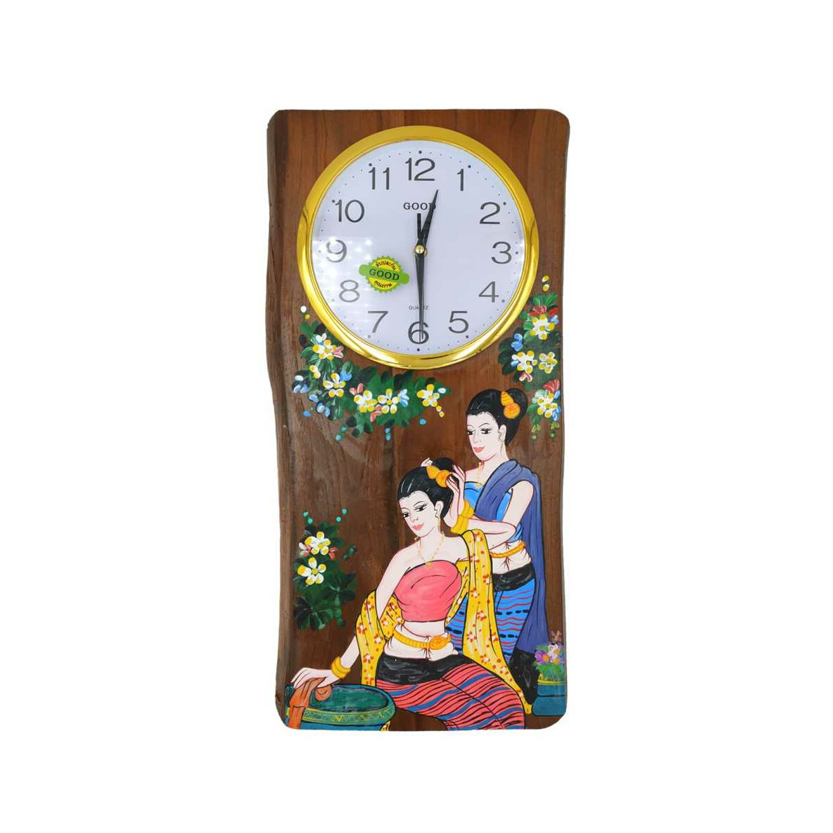 Wand-Uhr aus Teak-Holz mit Thai Malerei Frauen