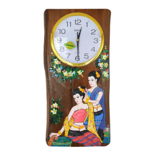 Wand-Uhr aus Teak-Holz mit Thai Malerei Frauen