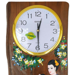Orologio da parete in legno di teak con pittura tailandese di donne
