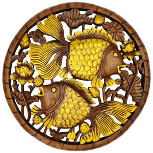 Scultura in legno tailandese di teak pesce Ø 60 cm