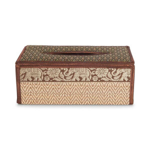 Cosmetic Tissue Box box made of raffia with elephant pattern Brown / Gold