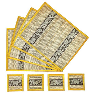Thai Table Set Coasters Place Set 8 Piece Bast with Elephant Pattern