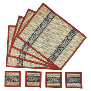 Thai Table Set Coasters Place Set 8 Piece Bast with Elephant Pattern