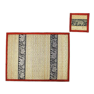 Thai Table Set Coasters Place Set 8 Piece Bast with Elephant Pattern