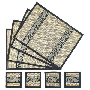 Thai Table Set Coasters Place Set 8 Piece Bast with Elephant Pattern