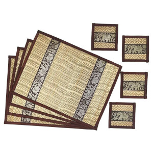 Thai Table Set Coasters Place Set 8 Piece Bast with Elephant Pattern