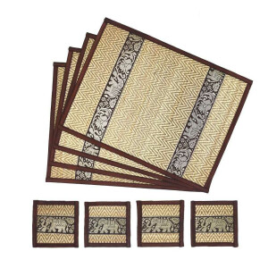 Thai Table Set Coasters Place Set 8 Piece Bast with Elephant Pattern