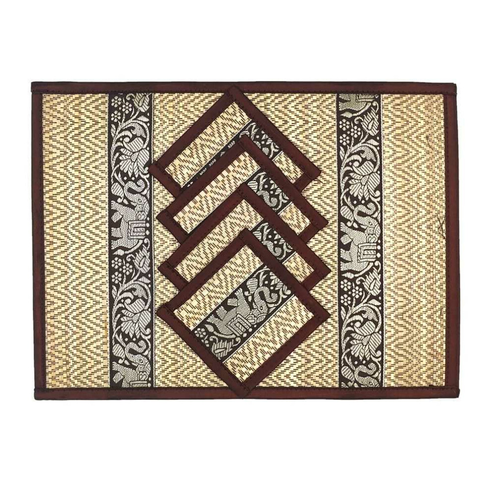 Thai Tisch-Set Untersetzer Platz-Set 8-teilig aus Bast mit Elefantenmuster Braun