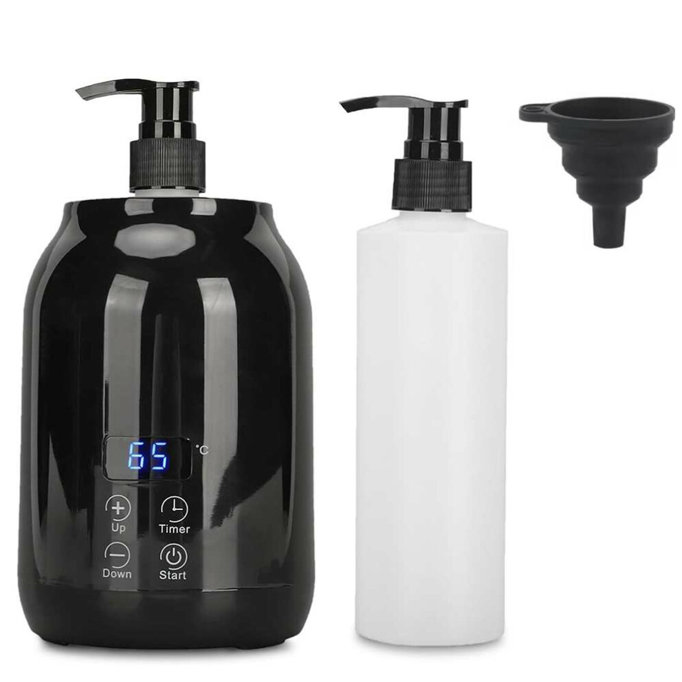 Scaldino elettrico per olio da massaggio con bottiglie di olio e imbuto
