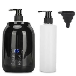 Scaldino elettrico per olio da massaggio con bottiglie di olio e imbuto