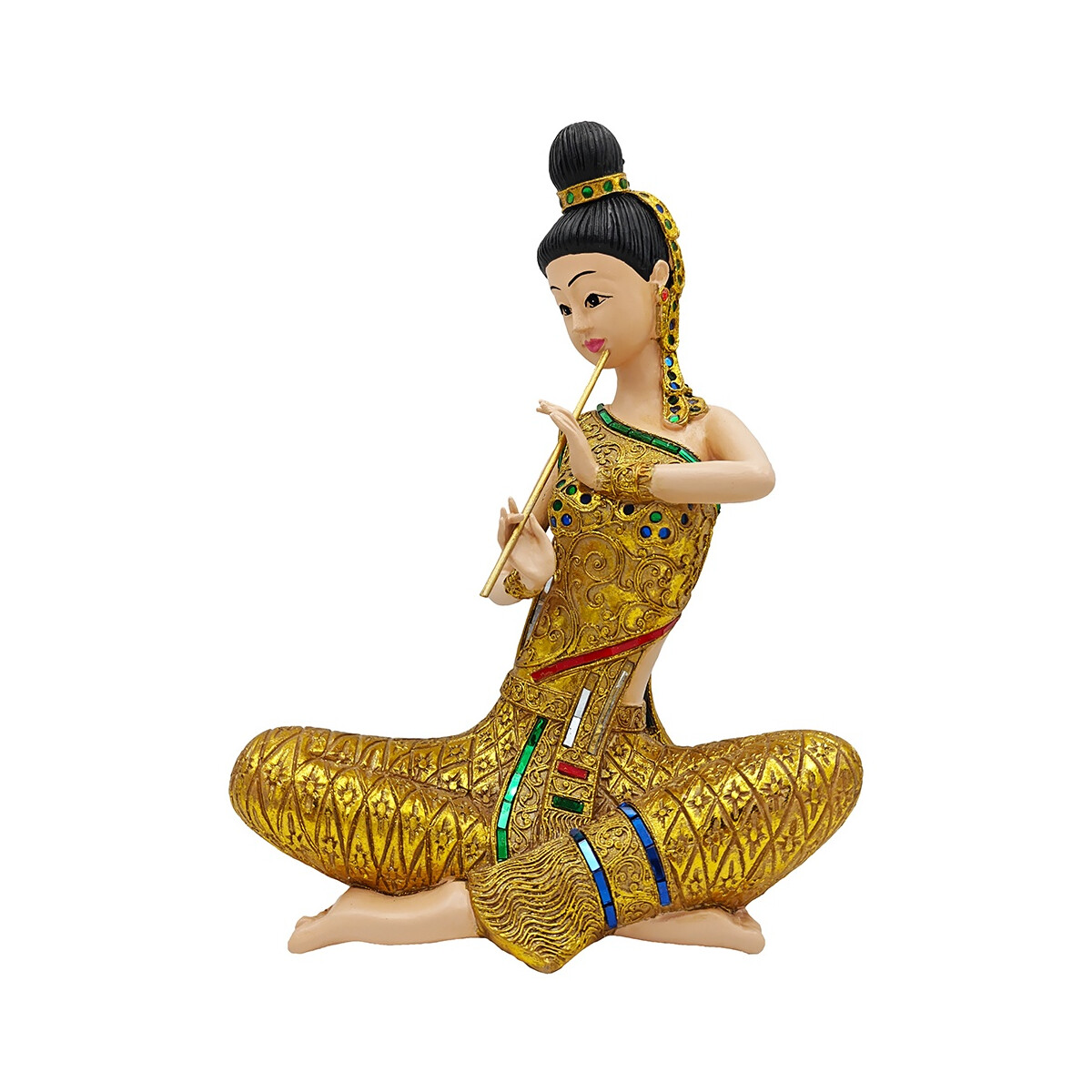 Thai Sawasdee Lady Statue Figur gold sitzend mit Flöte