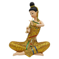 Thai Sawasdee Lady statue figure gold sitting with flute