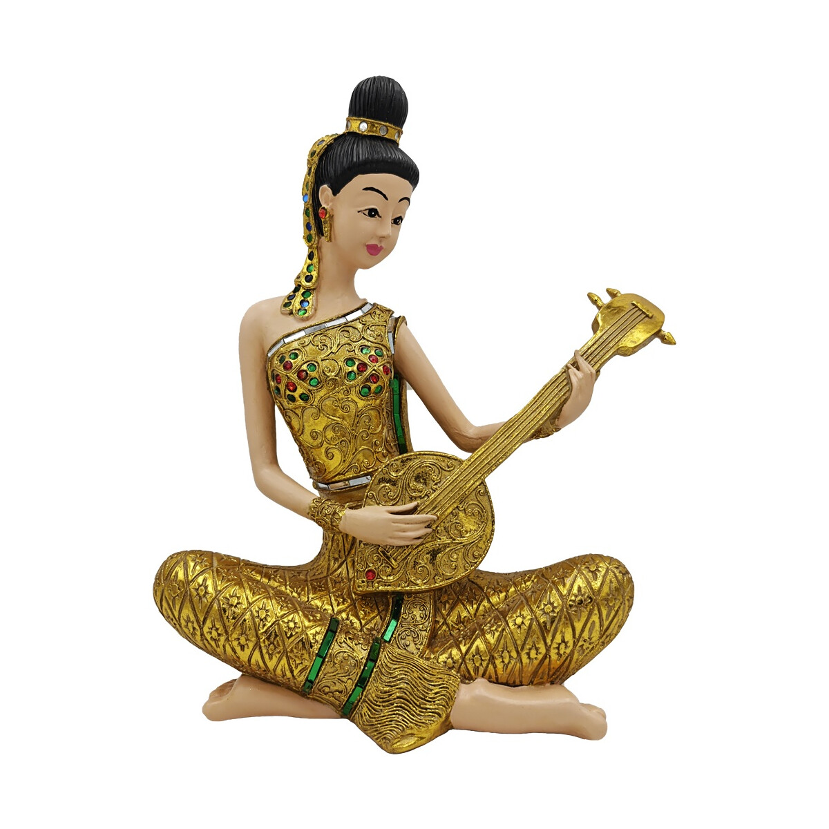 Thai Sawasdee Lady Statue Figur gold sitzend mit Phin