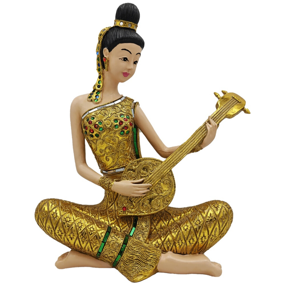 Thai Sawasdee Lady statue figure gold sitting with Phin