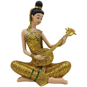 Thai Sawasdee Lady statue figure gold sitting with Phin