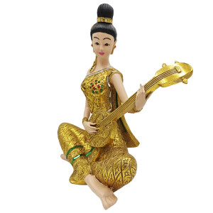 Thai Sawasdee Lady statue figure gold sitting with Phin