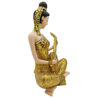Thai Sawasdee Lady statue figure gold sitting with Phin