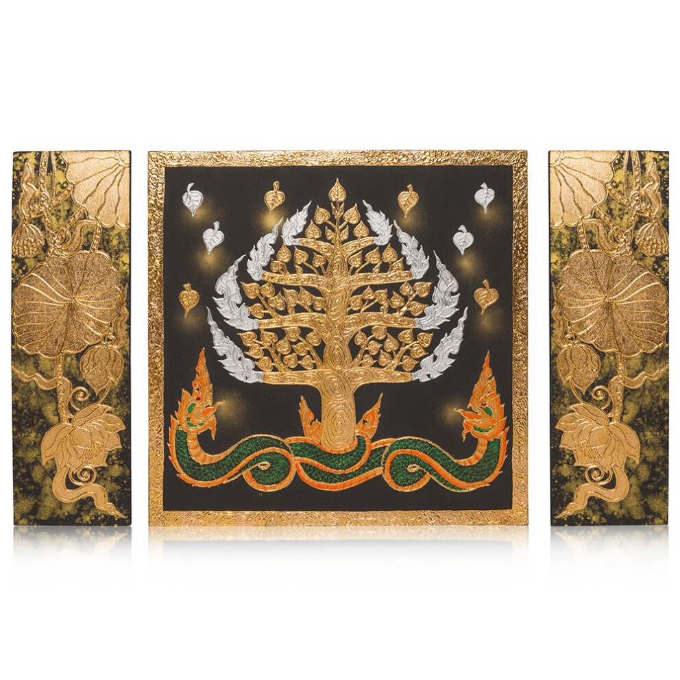 Thai Struktur Bild 3-teilig goldener Baum - 130 x 80cm - No. 3