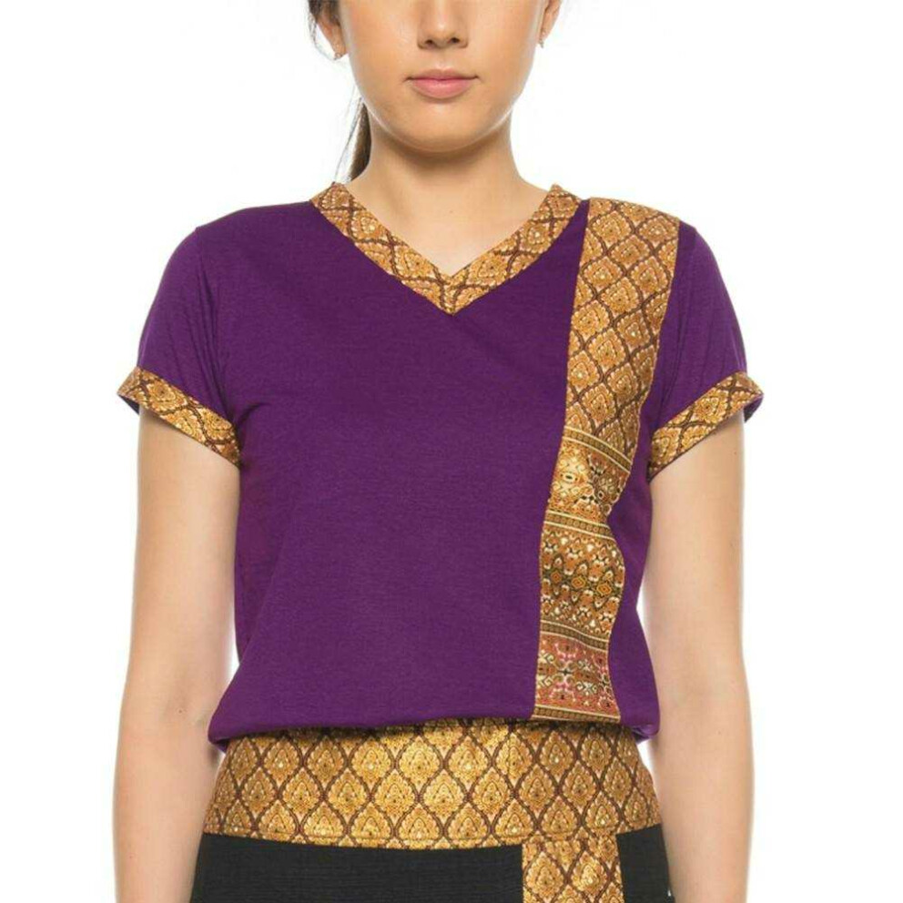 Thai massage woman t-shirt with traditional pattern, slim fit S Purple
