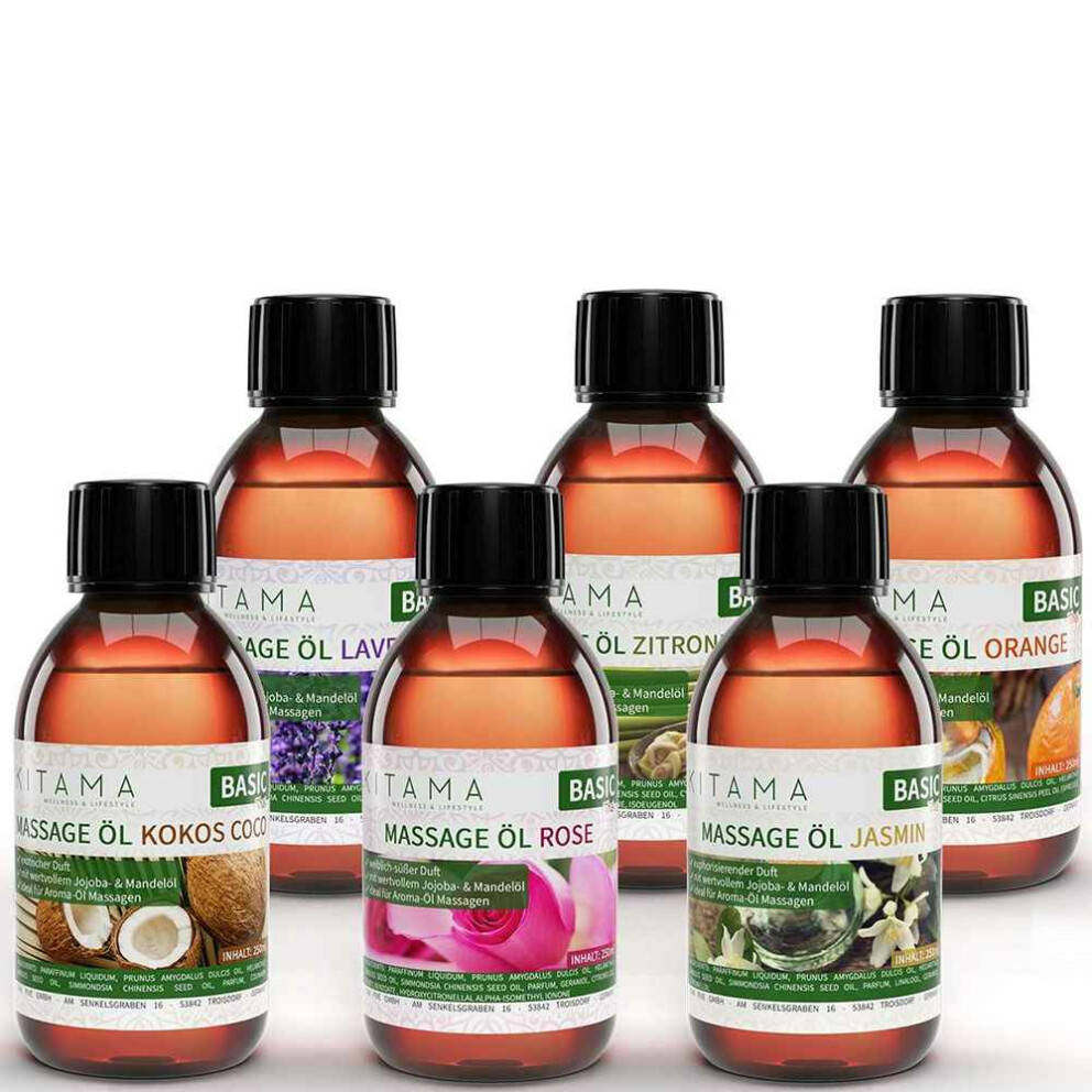 Set di 6 oli da massaggio - Gelsomino, Rosa, Lavanda, Arancia, Cocco e Citronella