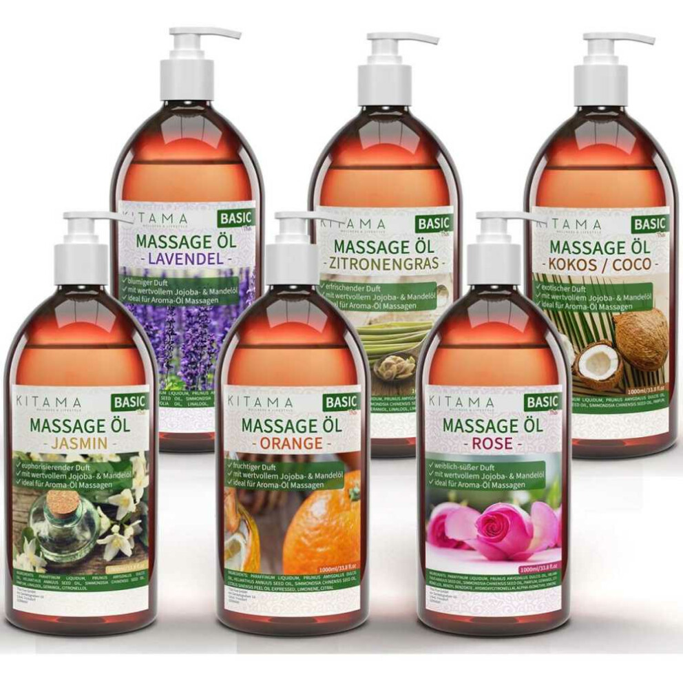 Set di 6 oli da massaggio - Gelsomino, Rosa, Lavanda, Arancia, Cocco e Citronella 1000ml