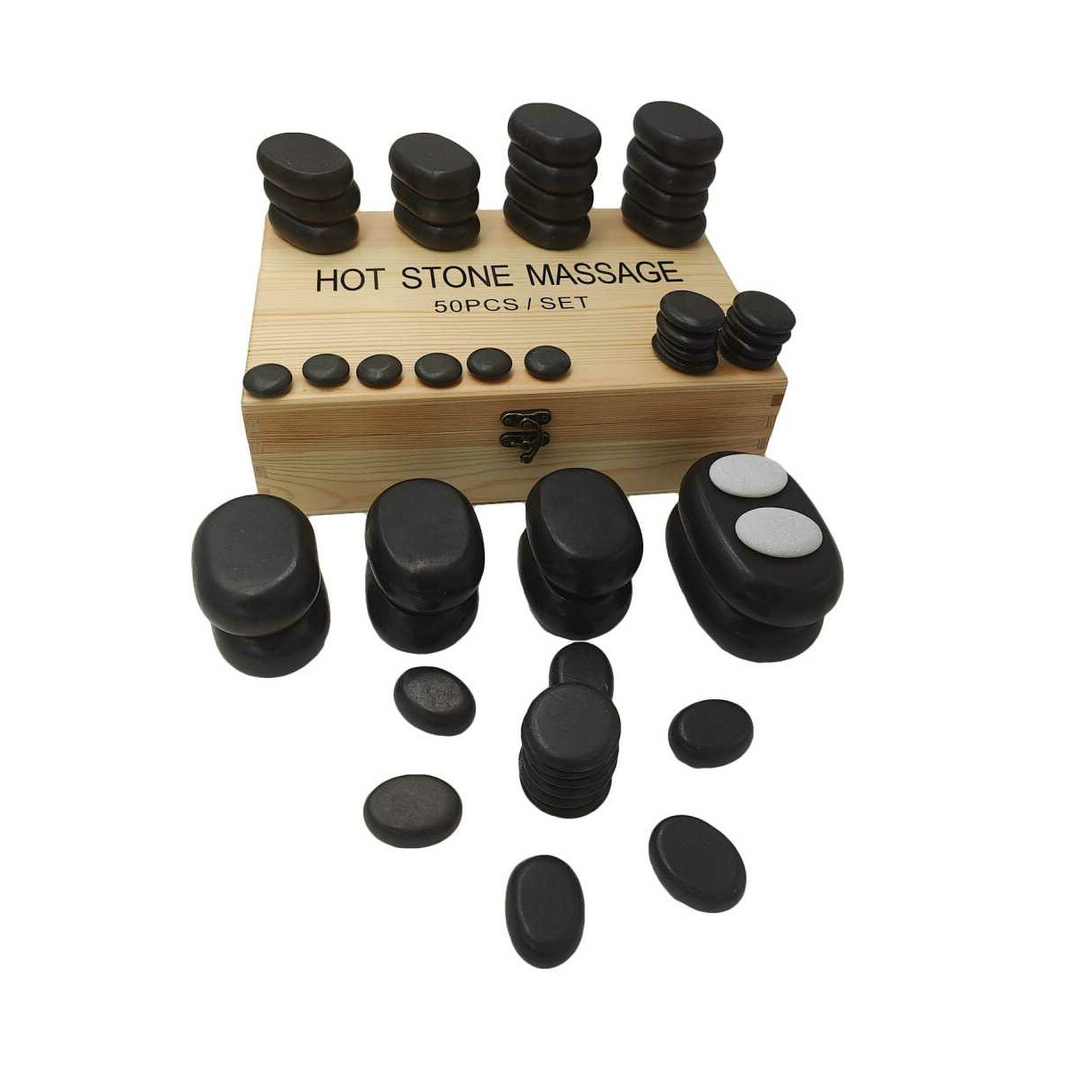Hot Stone Set - 50 Vulkan Steine im Holz-Koffer